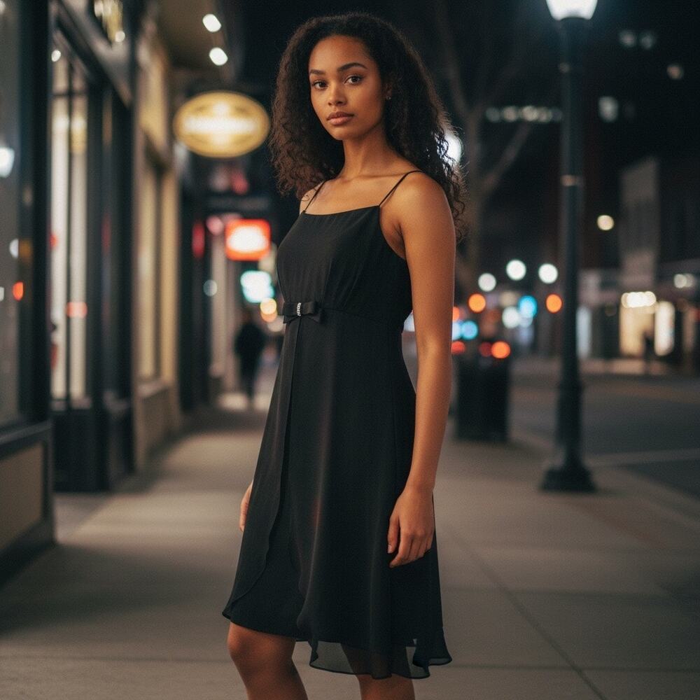Vintage Nadine Dress Black chiffon Knee length sleeveless 
Size Junior 15